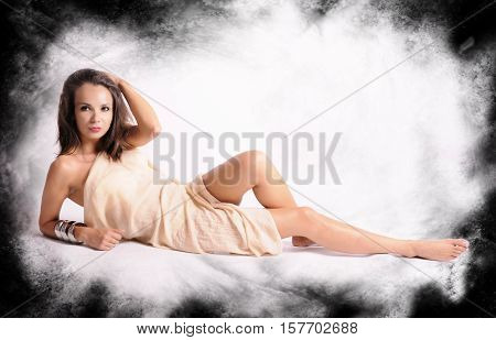 elegance, jewelry, necklace, hair, seductive, blonde, leather, seduce, charming, sensual, long, make, black, care, shirt, white, ethnic, studio, gold, sexy, flirty, clean, beauty, temptation, pleasure, feet, nails, woman, attractive, breast, effect, glamo
