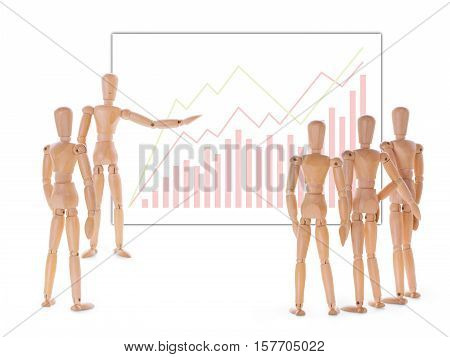 Group of wooden characters with abstract business graph on the screen. Business meeting and presentation concept.