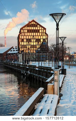 The winter city scape of the city of Klaipeda Lithuania.