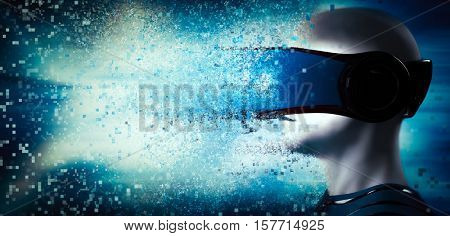 Into virtual reality world. Man wearing goggle headset. Future technology. 3D rendering