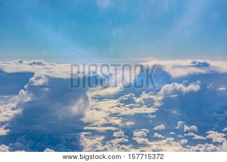 Above Clouds Airplane Window Blue Daytime Fluffy Column Wispy White Puffy