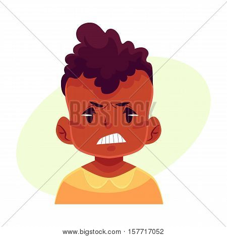 Little boy face, angry facial expression, cartoon vector illustrations isolated on yellow background. black male kid emoji face, feeling distresses, frustrated, sullen, upset. Angry face expression