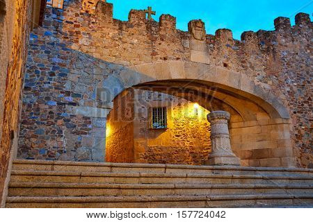 Caceres Arco de la Estrella Star arch sunset in Spain entrance to monumental city