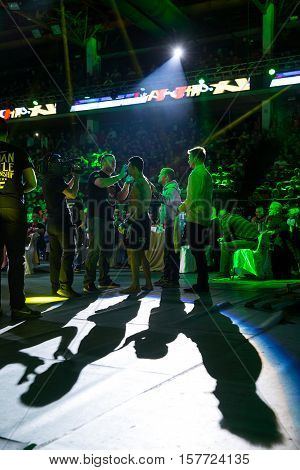 NOVI SAD SERBIA - NOVEMBER 05 2016 : MMA - SBC FIGHT TURNAMENT. CROWD IN TURNAMENT ARENA EXTREME SPORT. FIGHT NIGHT PROFESIONAL ATHLETES NOVEMBER 05 2016 NOVI SAD SERBIA