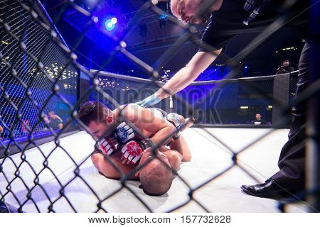 NOVI SAD SERBIA - NOVEMBER 05 2016 : MMA - SBC FIGHT TURNAMENT. ATHLETES IN THE RING EXTREME SPORT. FIGHT NIGHT PROFESIONAL ATHLETES NOVEMBER 05 2016 NOVI SAD SERBIA