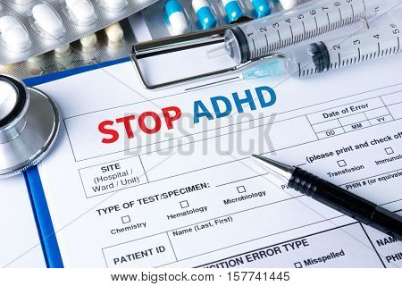 Stop Adhd Concept Medicine Doctor Hand Working Professional Doctor Use Computer And Medical