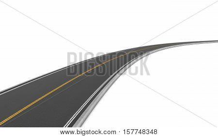 3d rendering of a two-way road bending to the right on a white background. Road markings and signs. Change of direction. New horizons and opportunities. Make a hairpin turn.