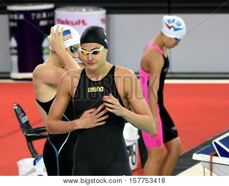 Hong Kong China - Oct 29 2016. Hungarian swimmer Zsuzsanna Jakabos at the start. FINA Swimming World Cup Preliminary Heats Victoria Park Swimming Pool.