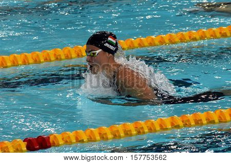 Hong Kong China - Oct 29 2016. Hungarian swimmer Zsuzsanna Jakabos swimming breaststroke. FINA Swimming World Cup Preliminary Heats Victoria Park Swimming Pool.