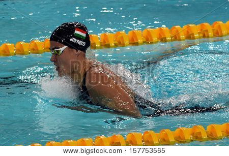 Hong Kong China - Oct 29 2016. Hungarian swimmer Zsuzsanna Jakabos swimming breaststroke. FINA Swimming World Cup Preliminary Heats Victoria Park Swimming Pool.