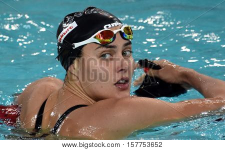 Hong Kong China - Oct 29 2016. Hungarian swimmer Zsuzsanna Jakabos in the finish. FINA Swimming World Cup Preliminary Heats Victoria Park Swimming Pool.