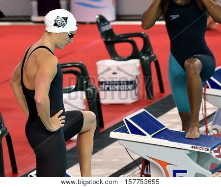 Hong Kong China - Oct 29 2016. Olympic world and European champion swimmer Katinka Hosszu from Hungary at the start. FINA Swimming World Cup Preliminary Heats Victoria Park Swimming Pool.