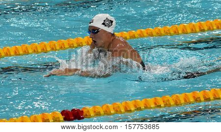 Hong Kong China - Oct 29 2016. Hungarian Olympic world and European champion swimmer Katinka Hosszu swimming breaststroke. FINA Swimming World Cup Preliminary Heats Victoria Park Swimming Pool.