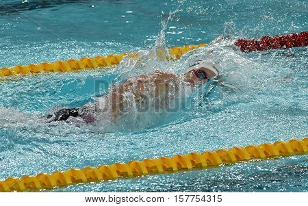 Hong Kong China - Oct 29 2016. Olympian and World Youth gold medalist Peter Bernek from Hungary swimming freestyle. FINA Swimming World Cup Preliminary Heats Victoria Park Swimming Pool.