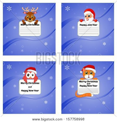 Greeting Cards Happy New Year and Merry Christmas kitten with Santa, deer and owl vector illustration