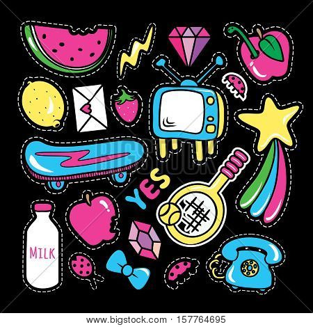 Stickers collections in pop art style isolated onblack background. Trendy fashion chic patches pins badges design set in cartoon 80s-90s comic style. Vector illustration.