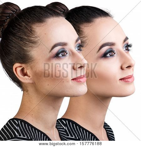 Comparison portrait of young woman before and after retouch