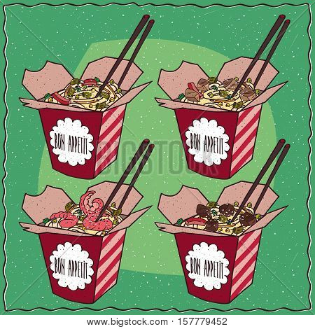 Set Of Four Chinese Noodles In Red Box