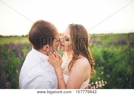 Bride and groom, rissing at sunset on a beautiful field with flowers, romantic married couple.