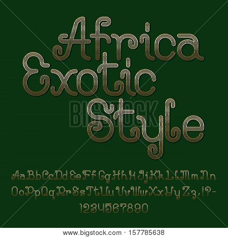 Golden wavy striped curly font. Isolated english alphabet of capital and lowercase letters with numbers and punctuation marks. Africa Exotic Style text lettering.