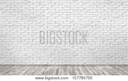 Empty room with white brick wall and wooden floor. 3d illustration