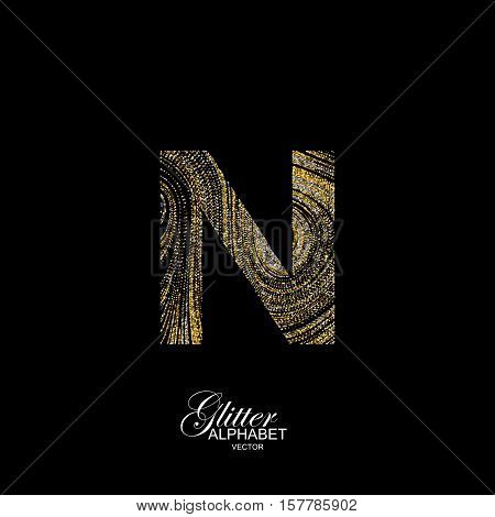 Letter N of golden and silver glitters. Typographic vector element for design. Part of marble texture imitation alphabet. Letter N with diffusion glitter lines swirly pattern. Vector illustration