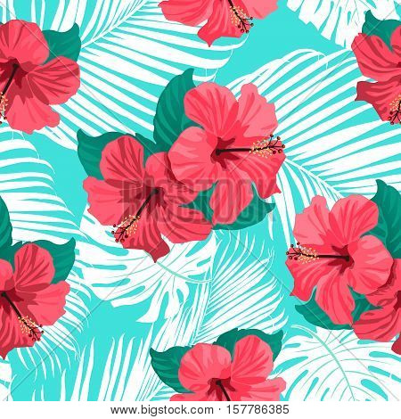 Tropical flowers and palm leaves on background. Seamless. Vector pattern.