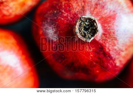Ripe Pomegranate Fruit On Wooden Vintage Background. Red Juice P