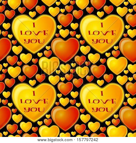 Valentine Holiday Colorful Seamless Pattern with Red and Gold Hearts on Black Background. Eps10, Contains Transparencies. Vector