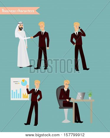 Retro Vintage Successful Businessman Working Set. Traditional National Muslim Clothes Cartoon Characters Icon Stylish Background Retro Cartoon Design Vector Illustration