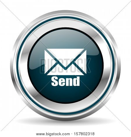 Send mail vector icon. Chrome border round web button. Silver metallic pushbutton.