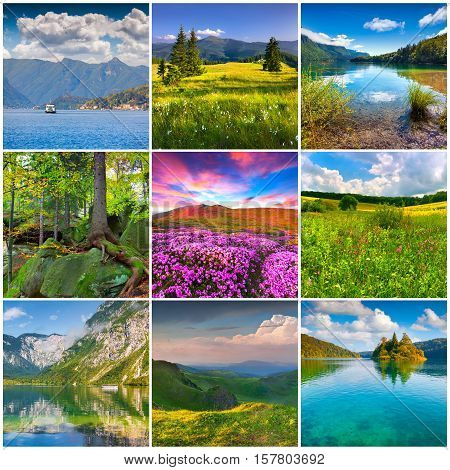Collage with 9 beautiful square summer landscapes.