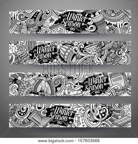 Cartoon cute line artvector hand drawn doodles winter season corporate identity. 2 horizontal banners design. Templates set
