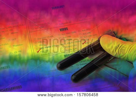 Blood sample and lab request for anti-HIV testing concept for homosexuality rainbow vintage tone