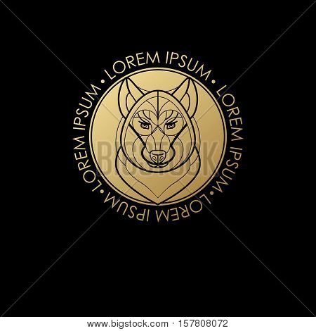 Predatory animal print gold foil on a black background. Vector illustration of a wolf. Designed to create a logo icon in modern style mono line. Symbol of strength.