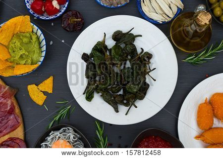 Table with spanish tapas - green padron peppers, jamon, croquetes, guacamole and olives, top view, picnic table