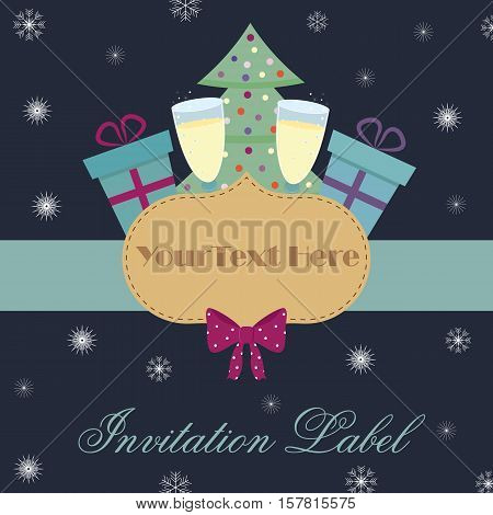 Vector New Year card template. New Year invitation label with presents glasses of champagnefir trees and snowflakes on a dark blue background
