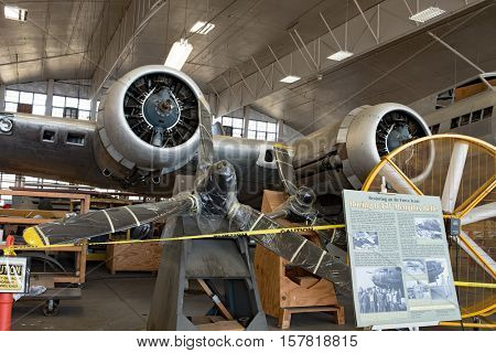 DAYTON, OHIO, USA-NOVEMBER 18, 2016:National Museum USAF is restoring the famous original WWII Memphis Belle B-17F Flying Fortress bomber, radial engines & props shown here in the restoration hanger. 