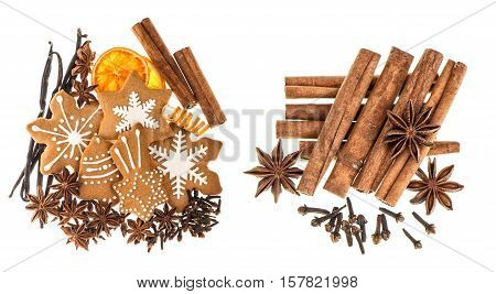 Christmas food ingredients. Gingerbread cookies and spices isolated on white background. Cinnamon sticks star anise vanilla and cloves