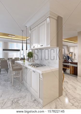 Luxury Kitchen With Opaline Furniture In Art Deco Style.