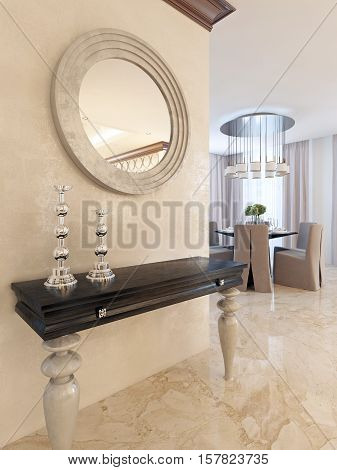 Console With Mirror On The Wall In The Dining Area, In The Style Of Art Deco.