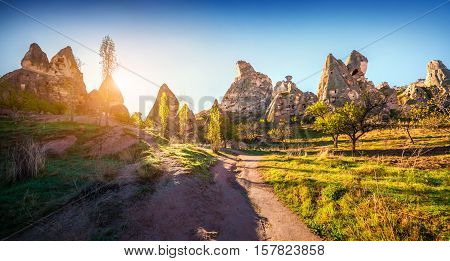 Unreal World Of Cappadocia. Early Morning In The Uchisar Castle Neighborhood. Sunrise In Famous Uchi