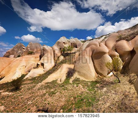 Unreal World Of Cappadocia. Deep Blue Sky In The Uchisar Castle Neighborhood. Morning In Famous Uchi