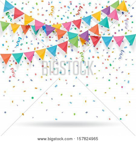 Colorful explode confetti with buntings and ribbons on white background. Confetti for birthday carnival celebration anniversary and holiday party background.