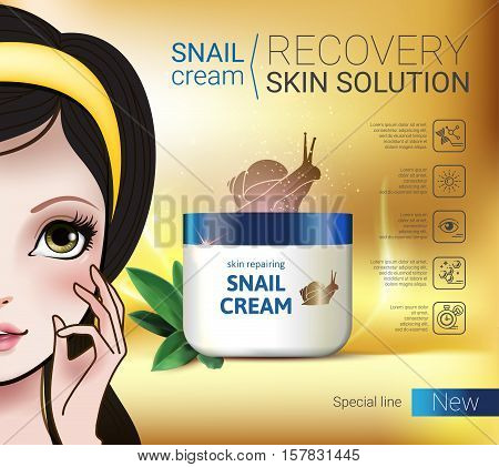 Skin Repairing Snail Cream ads. Vector Illustration with Manga style girl and snail cream container.