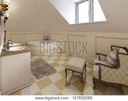 Big Louge Chair In The Bathroom In Provence Style In The Attic With A Roof Window.