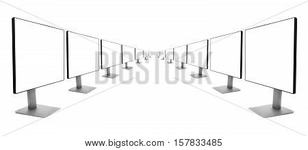 two rows of monitors receding into the distance, isolated on white background