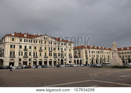 CUNEO ITALY - OCTOBER 19 2016: Piazza Tancredi Galimberti the main square of Cuneo is also known as il salotto and has an area of 24000 square meters