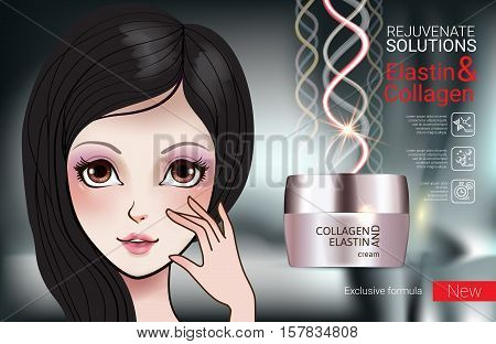 Collagen solution intensive cream ads. Vector Illustration with Manga style girl and Collagen and Elastin cream container.