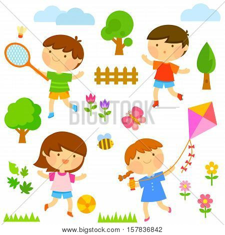 set of cute kids playing outdoors and elements of nature
